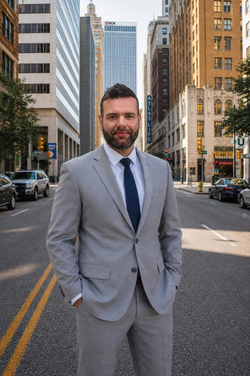 Jon Henthorn in a gray suit on a downtown street.
